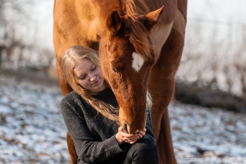 blonde Frau hockt vor Pferd, was seine Nase in ihre Hände drückt